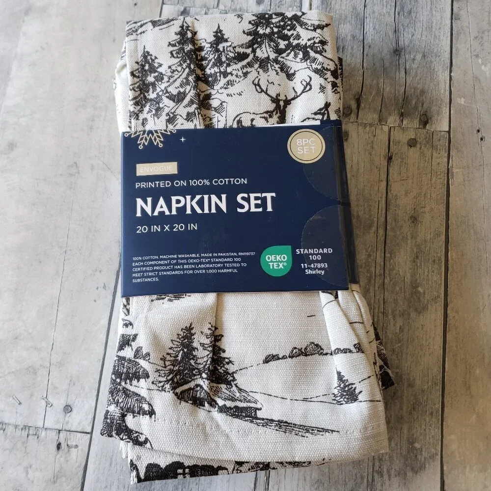 NWT - Cream and Brown Winter (Scene Set of 8) Cotton Cloth Napkins